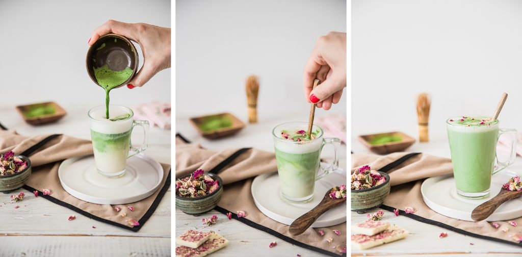 hot white chocolate with rose and matcha - recipe