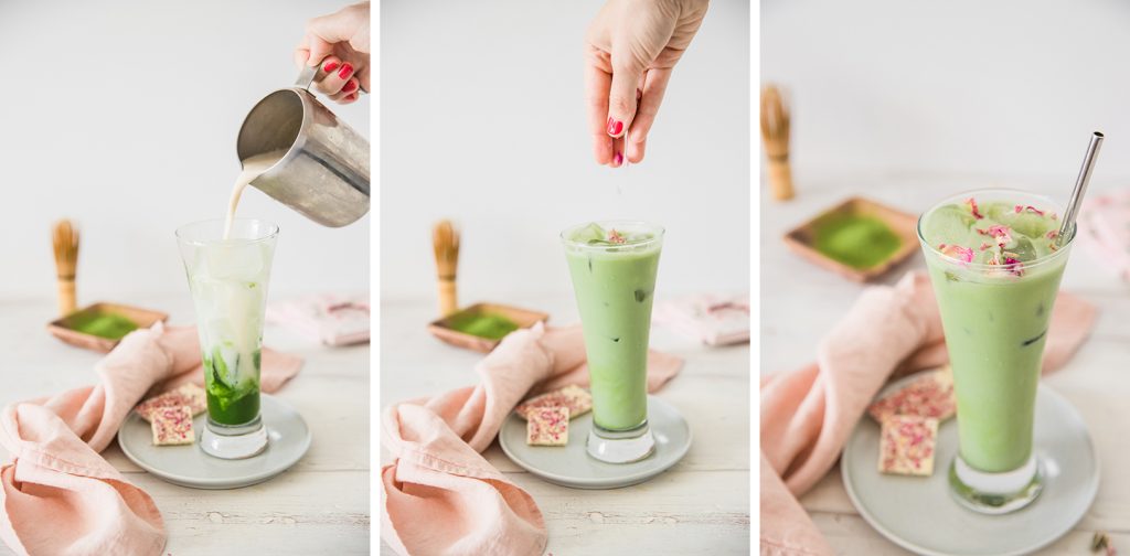 cold white chocolate with rose and matcha - recipe