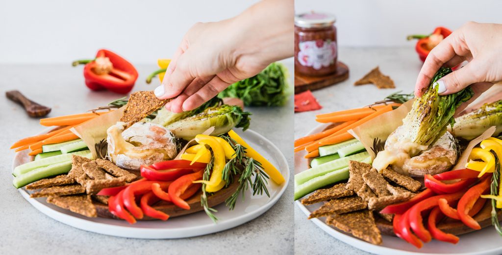 Bked camembert with rose topping and veggies