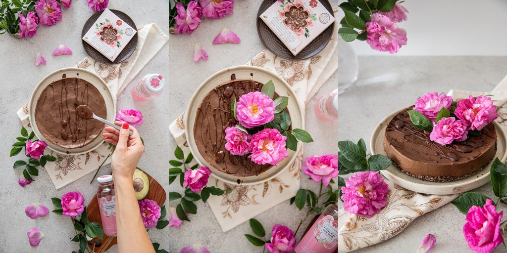 raw chocolate cake with roses - decoration