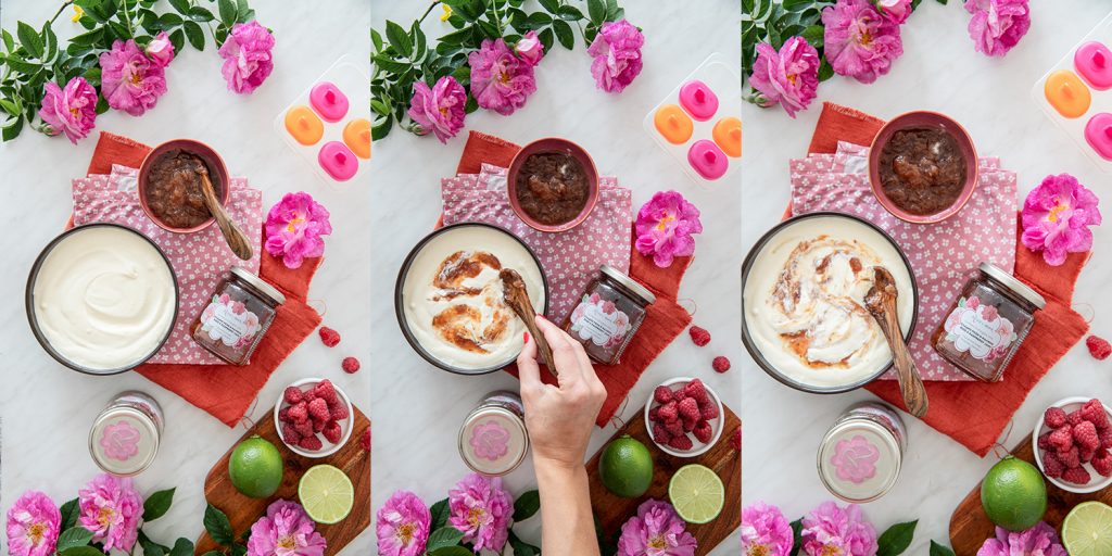 ice cream with roses and raspberries - easy recipe