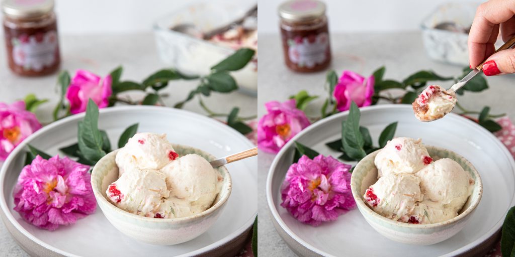 ice cream with rose and raspberry