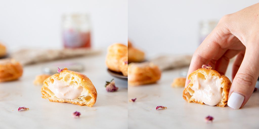 mini eclairs with rose-flavoured cream filling