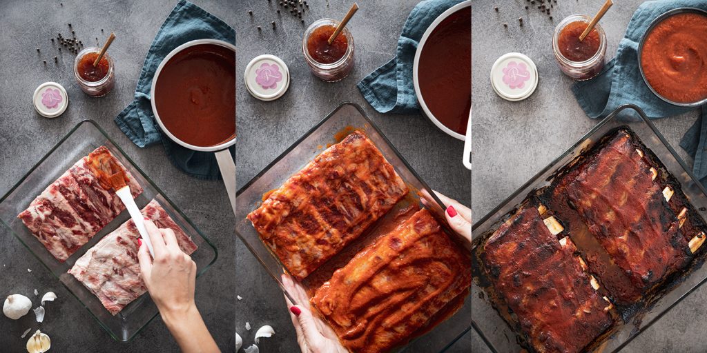 BBQ sauce with rose and strawberry jam for ribs and potatoes