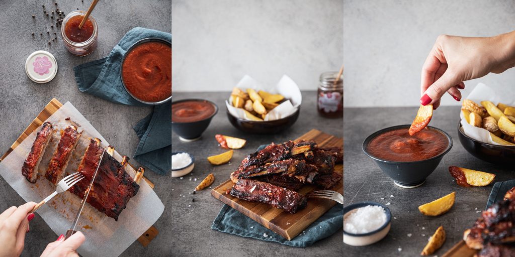 homemade BBQ sauce with rose and strawberry jam for ribs and potatoes