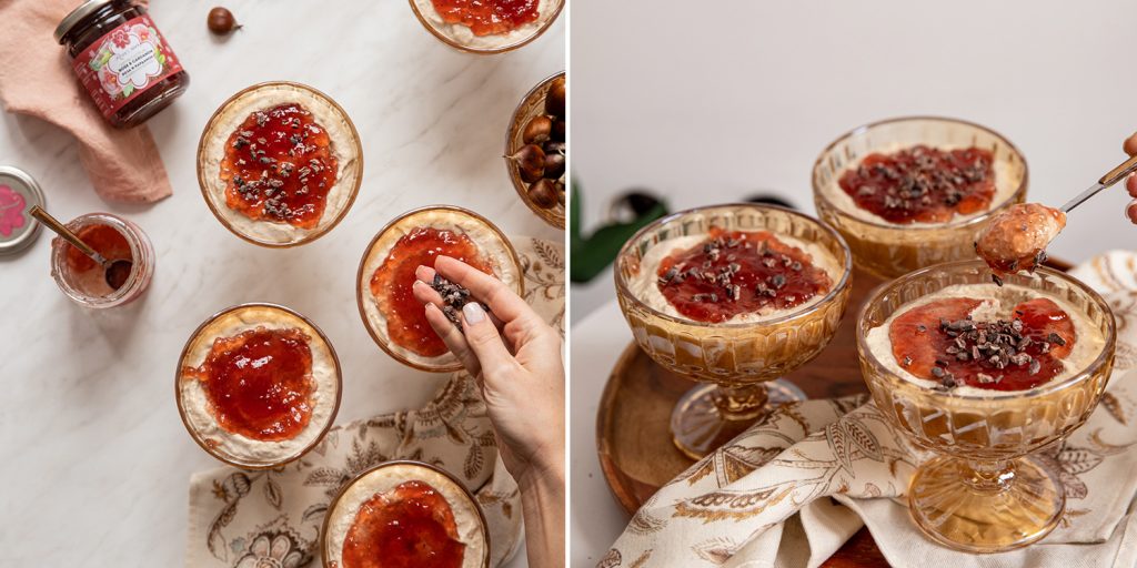 chestnut cream with rose and cardamom jam - dessert serving