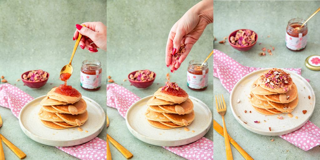 American pancakes with peanut butter and rose raspberry jam