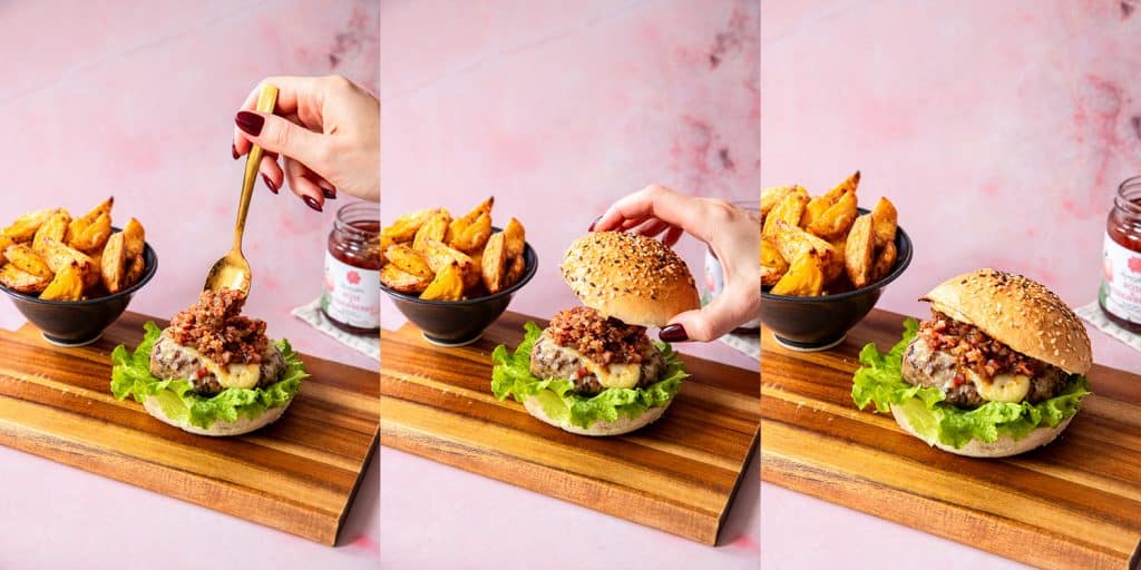 Valentine's burger with bacon and rose jam